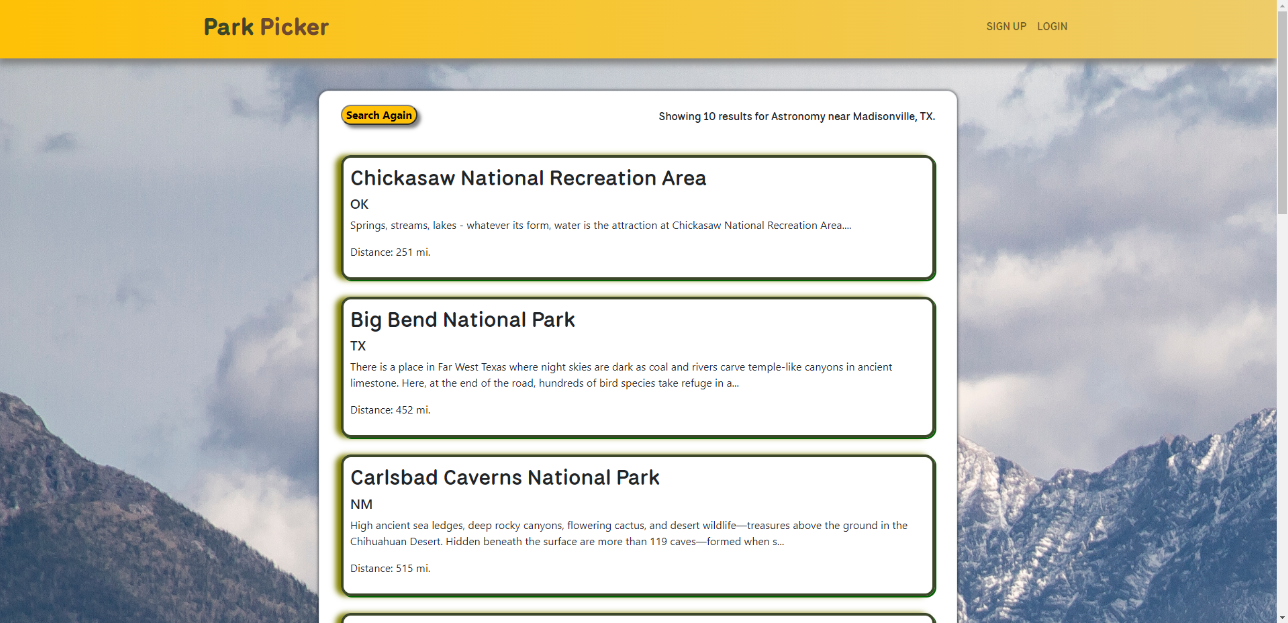 Park Picker Results Page Image